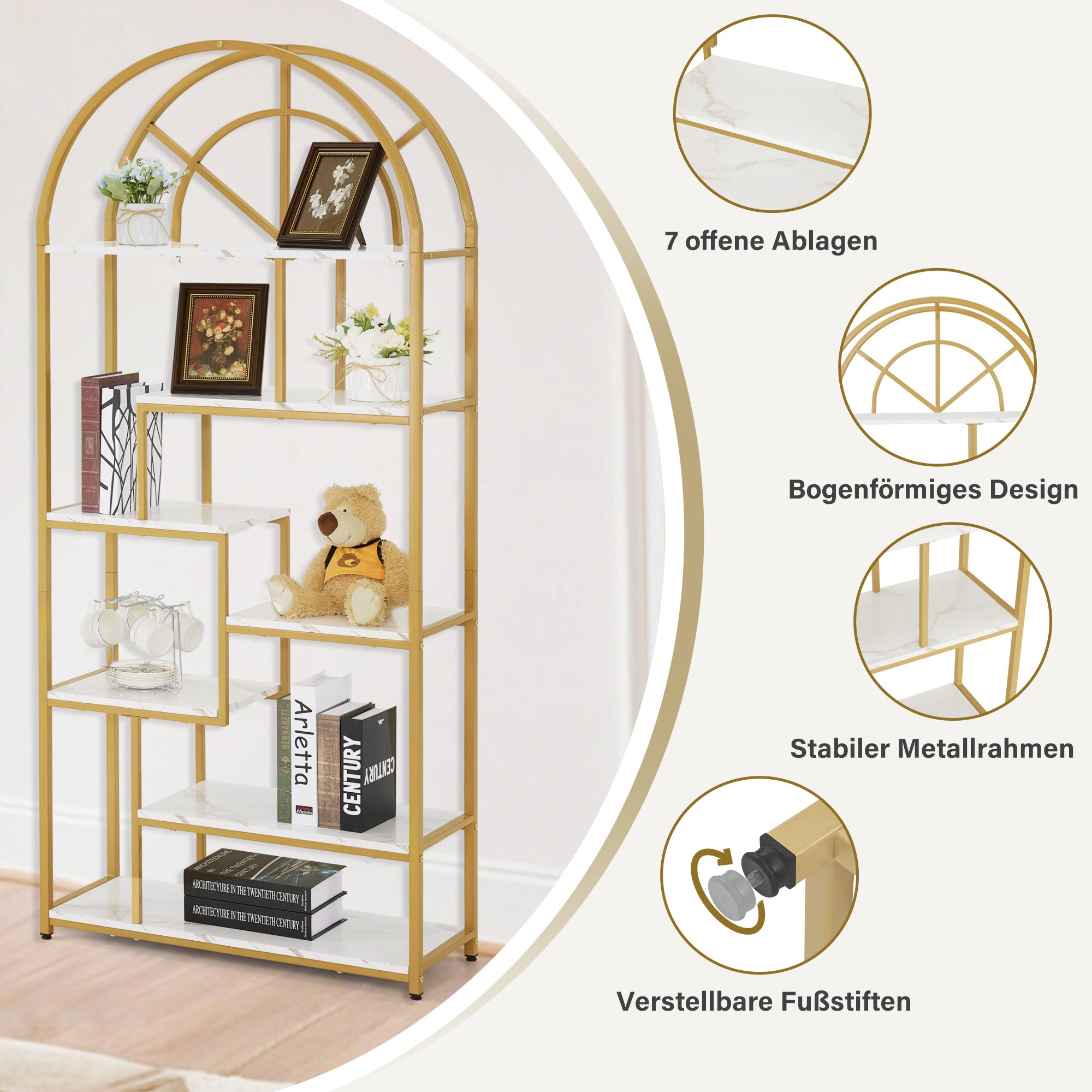 Boekenkast, staand rek met 7 niveaus, metaal, marmer-wit/goud, 30x80x180cm, 5183 – foto 4