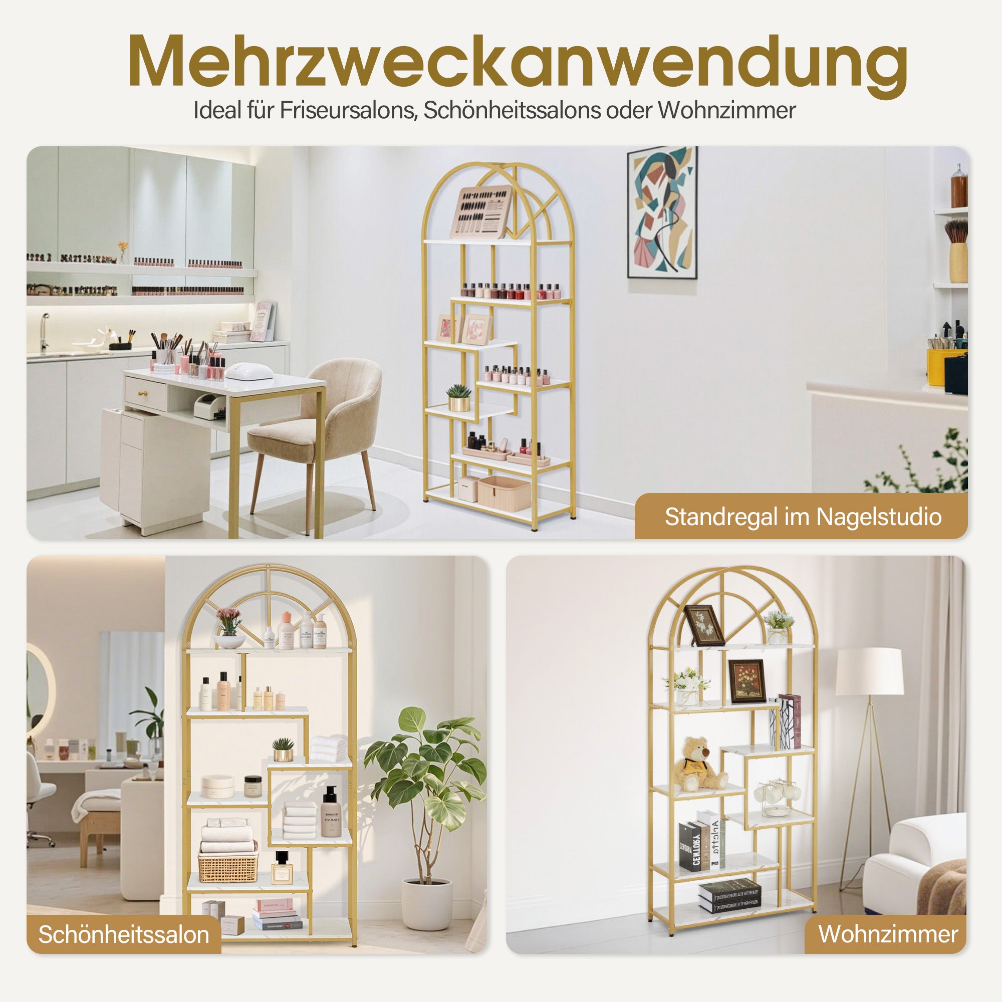 Boekenkast, staand rek met 7 niveaus, metaal, marmer-wit/goud, 30x80x180cm, 5183 – foto 5