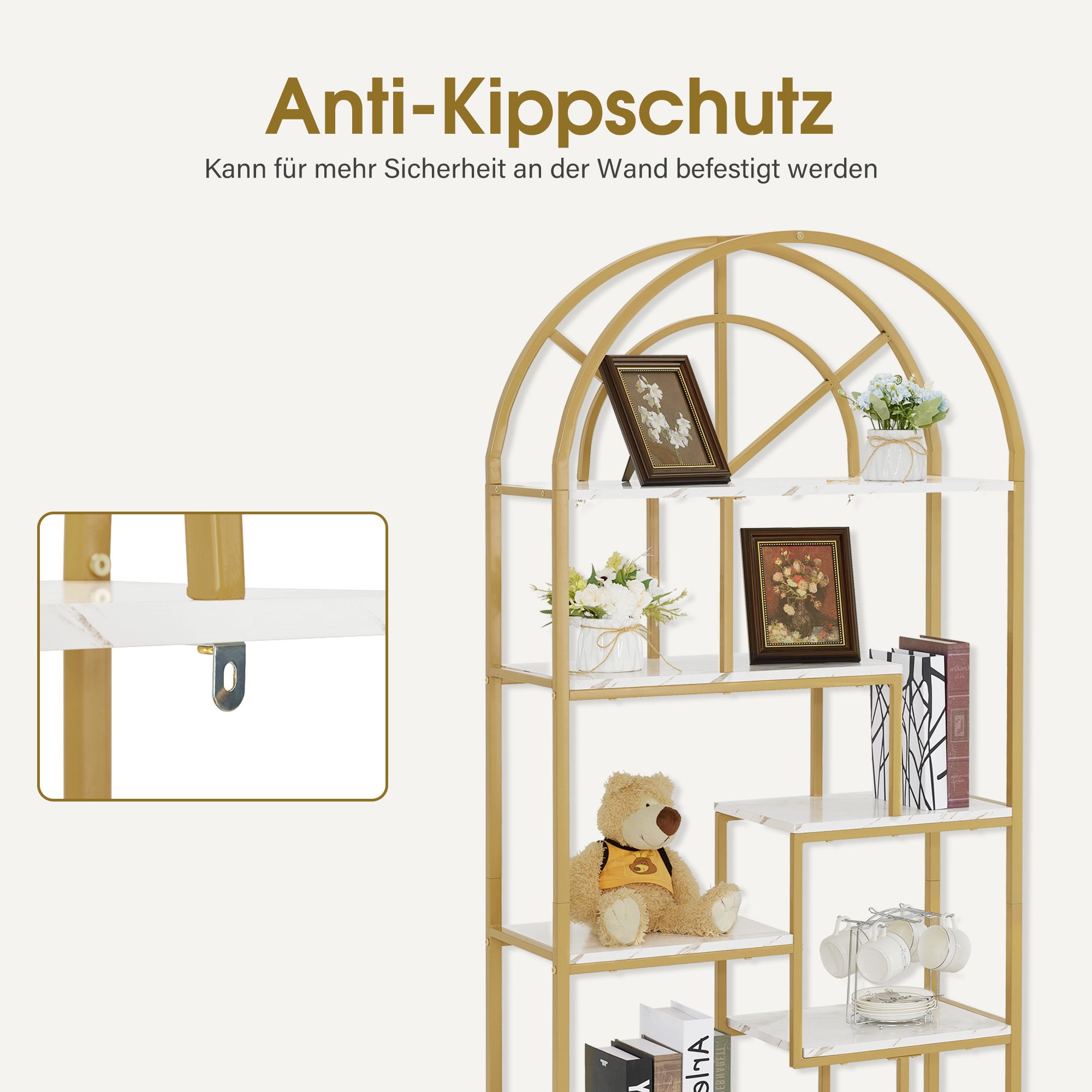 Boekenkast, staand rek met 7 niveaus, metaal, marmer-wit/goud, 30x80x180cm, 5183 – foto 6
