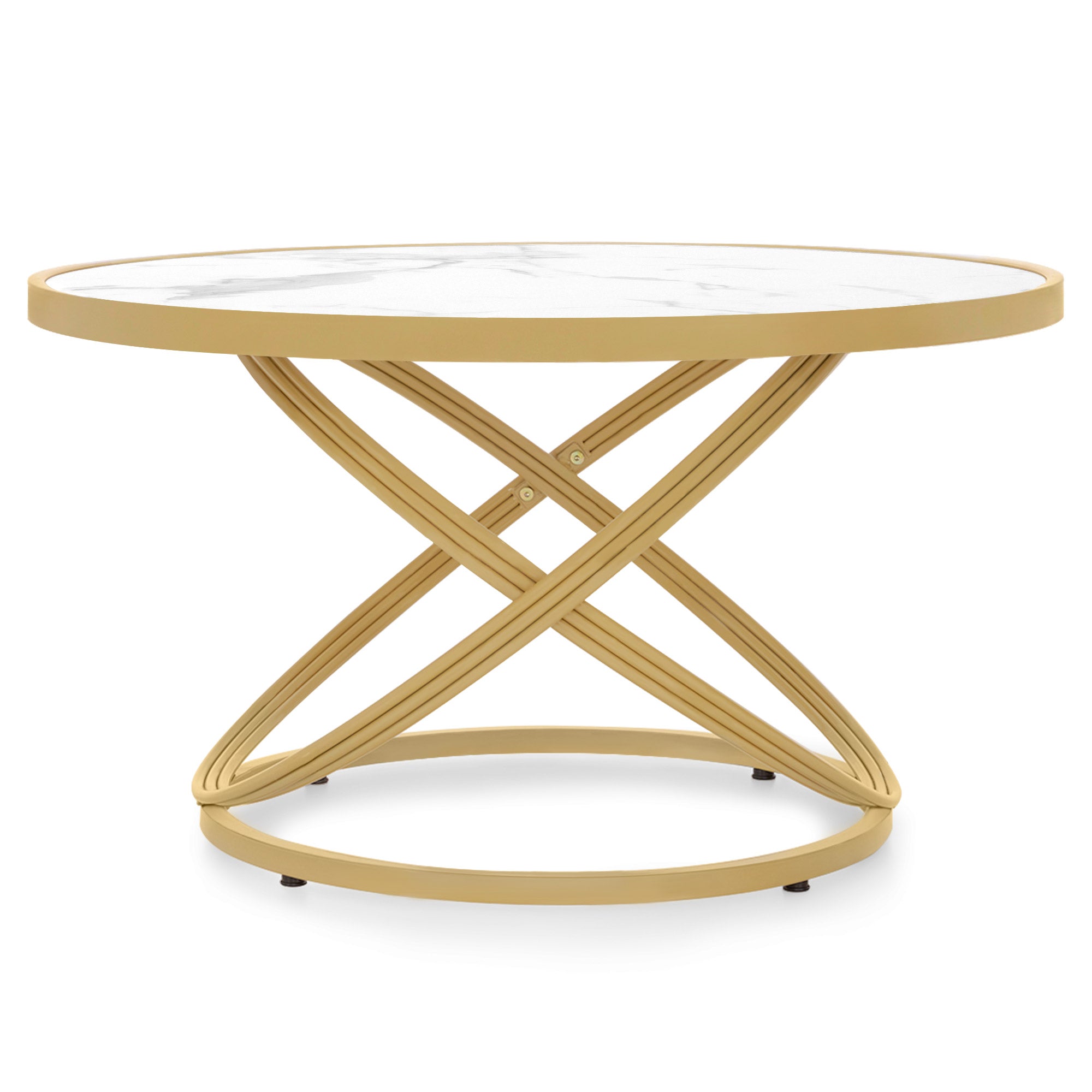 Ronde Salontafel Hout, Marmerlook & Goud, 80x80x45cm – foto 1