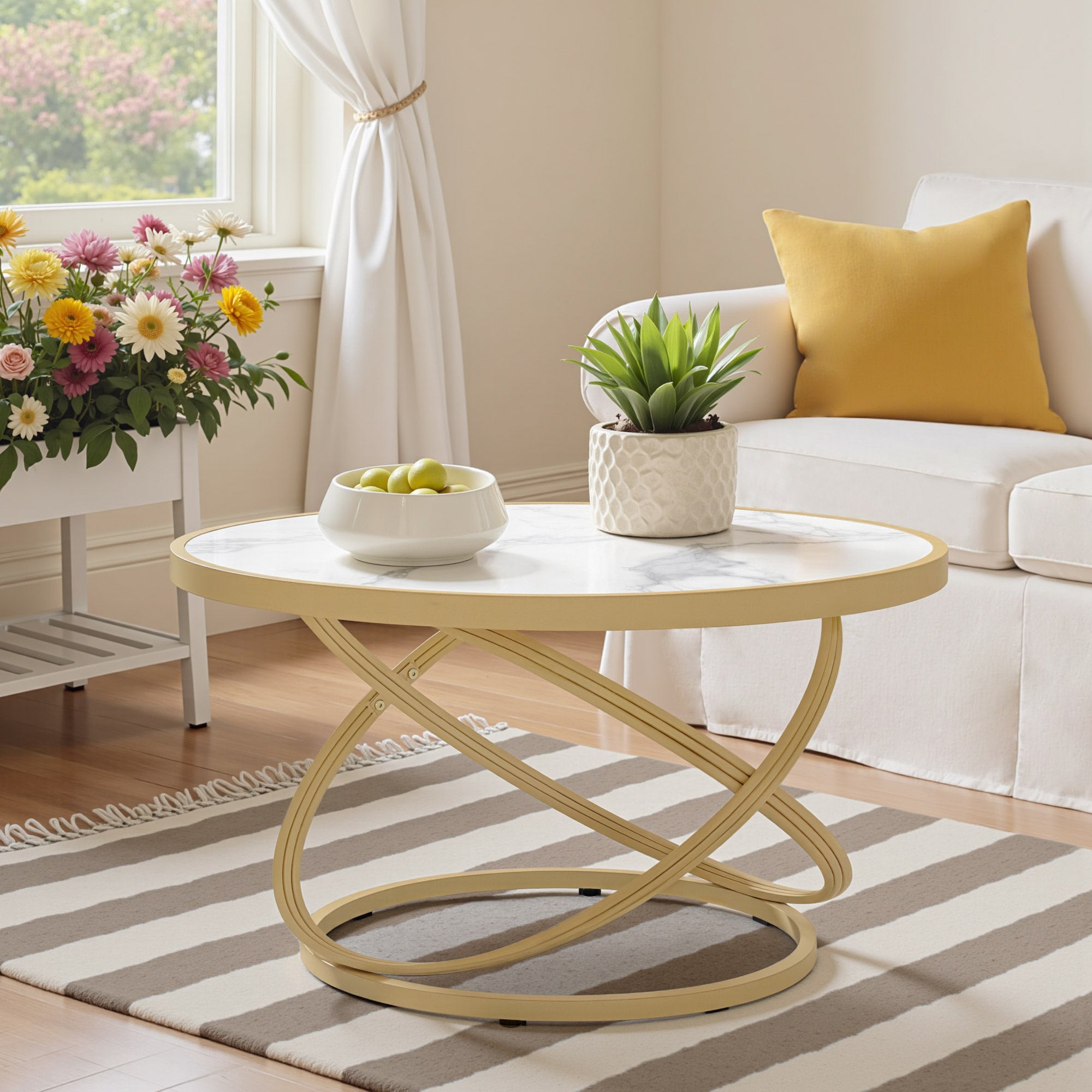 Ronde Salontafel Hout, Marmerlook & Goud, 80x80x45cm – foto 2