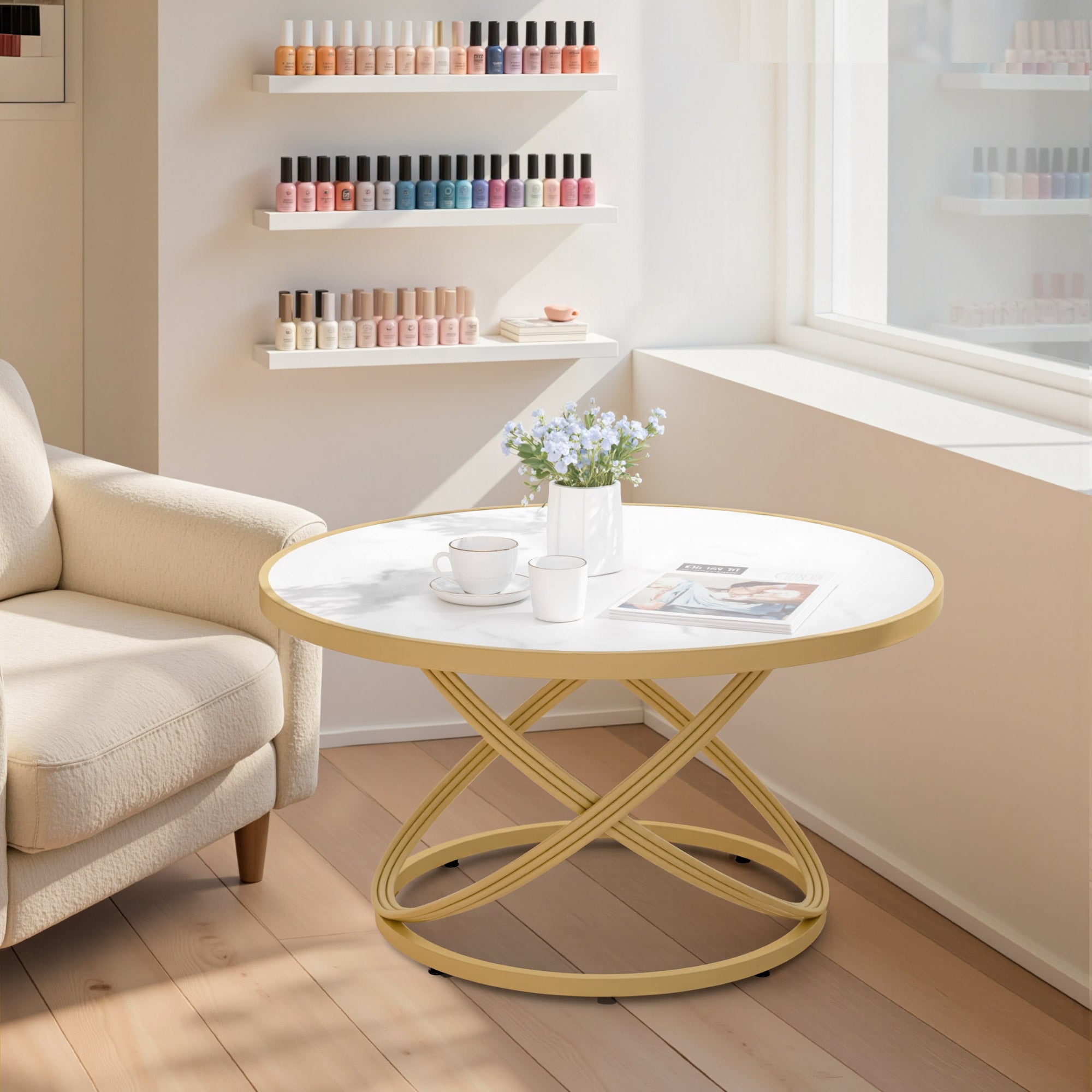 Ronde Salontafel Hout, Marmerlook & Goud, 80x80x45cm – foto 5
