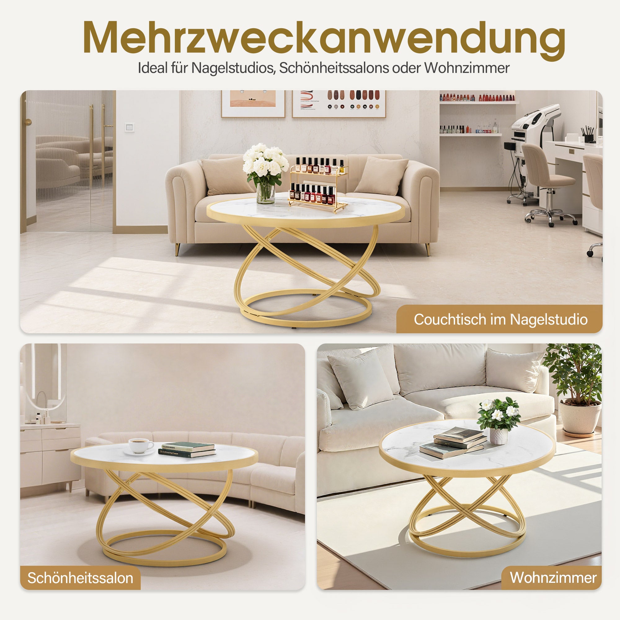 Ronde Salontafel Hout, Marmerlook & Goud, 80x80x45cm – foto 6