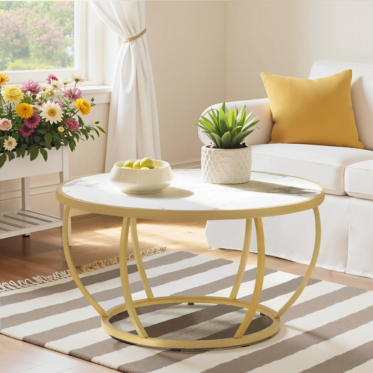 Ronde Salontafel Hout, Marmerlook & Goud, 80x80x46,5cm – foto 2