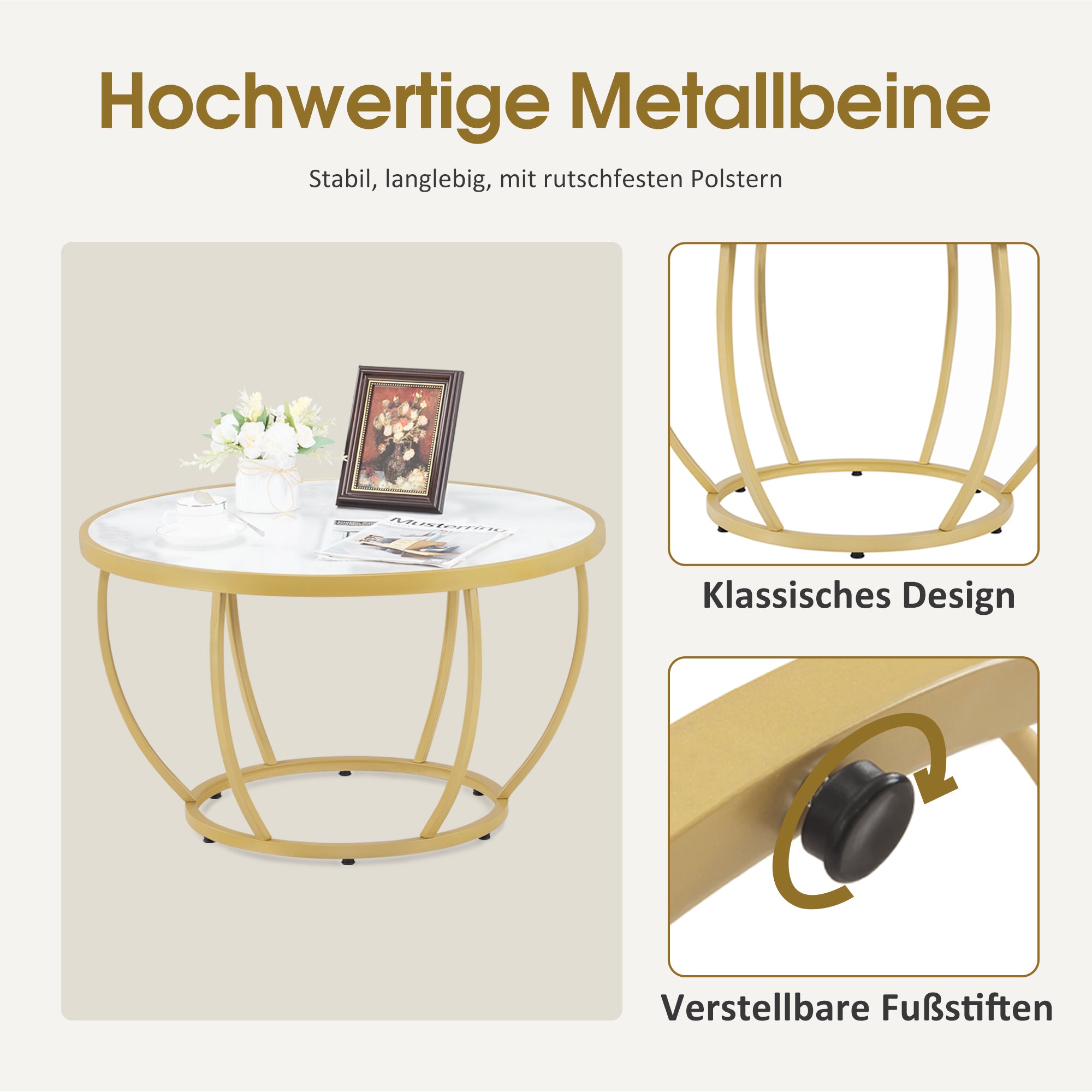 Ronde Salontafel Hout, Marmerlook & Goud, 80x80x46,5cm – foto 4
