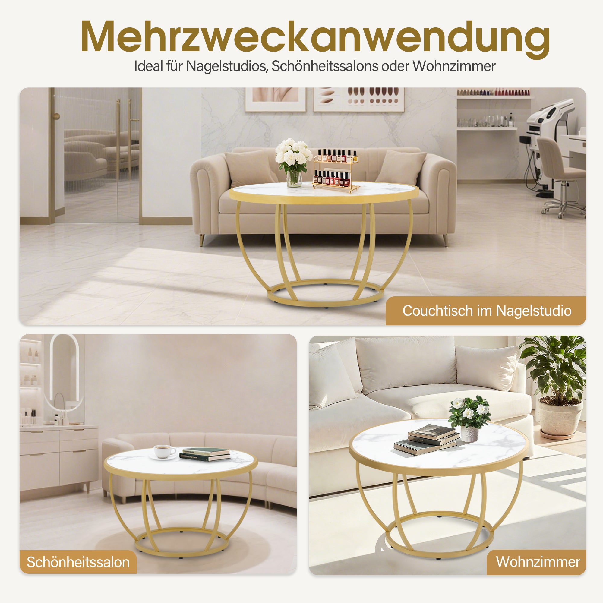 Ronde Salontafel Hout, Marmerlook & Goud, 80x80x46,5cm – foto 6