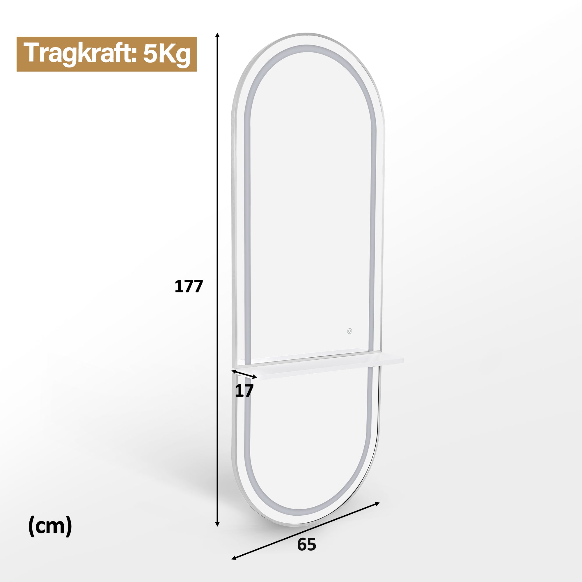 Wandspiegel met Verlichting, Aluminium Frame, Opbergplank, Touch-Schakelaar, 3 Lichtkleuren Dimmbaar, voor Kapsalon, 17x65x177 cm – foto 14
