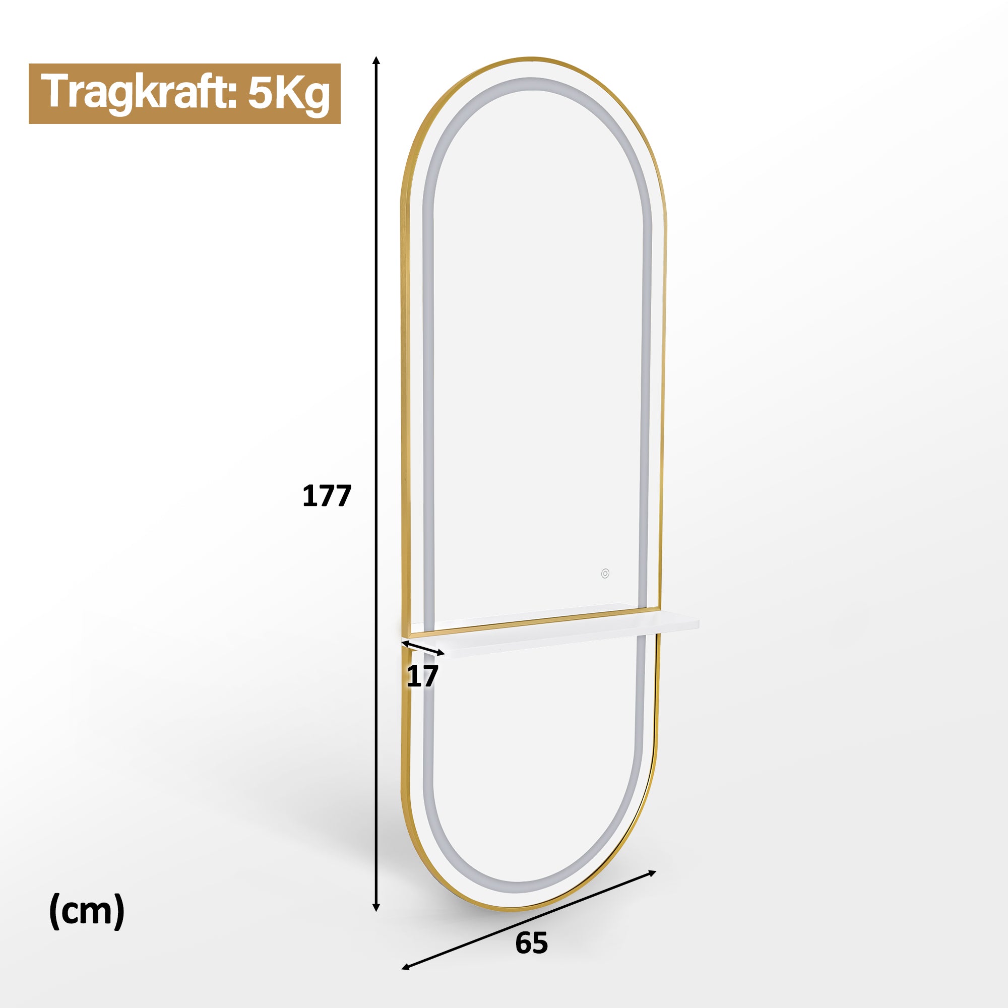 Wandspiegel met Verlichting, Aluminium Frame, Opbergplank, Touch-Schakelaar, 3 Lichtkleuren Dimmbaar, voor Kapsalon, 17x65x177 cm – foto 3