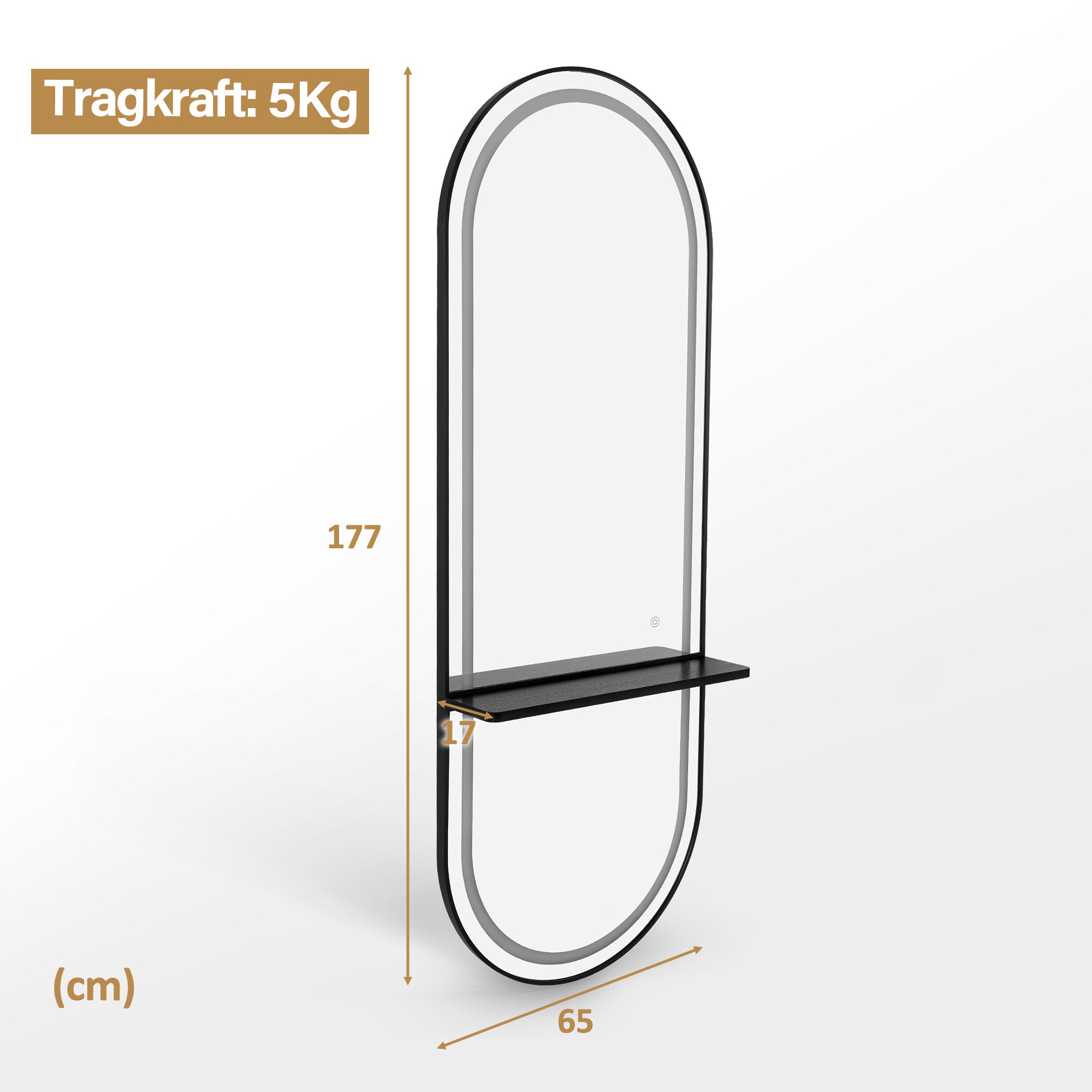 Wandspiegel met Verlichting, Aluminium Frame, Opbergplank, Touch-Schakelaar, 3 Lichtkleuren Dimmbaar, voor Kapsalon, 17x65x177 cm – foto 8