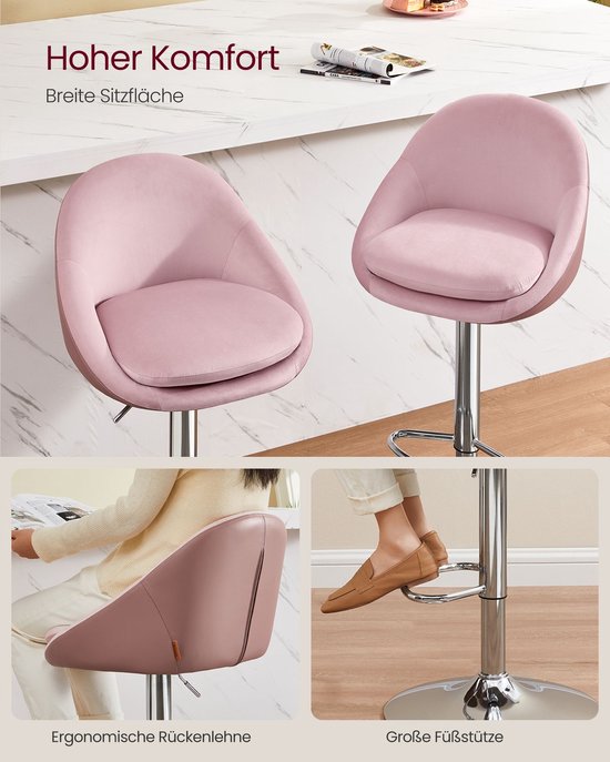Luxe Barkrukken Set (2 Stuks) - Verstelbaar - Fluweel & PU-leer - Roze & Zilvergrijs – foto 3