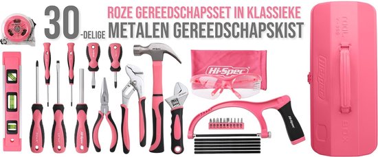 Complete 30-delige Gereedschapsset in Stijlvolle Roze Metalen Kist – foto 3