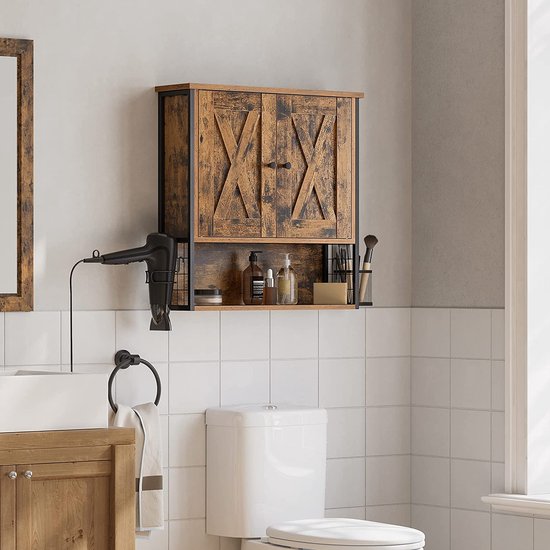 Wandbadkamerkast met Verstelbare Planken en Haardrogerhouder - Vintage Bruin/Zwart – foto 1