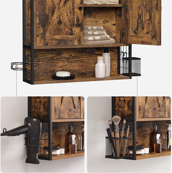 Wandbadkamerkast met Verstelbare Planken en Haardrogerhouder - Vintage Bruin/Zwart – foto 6