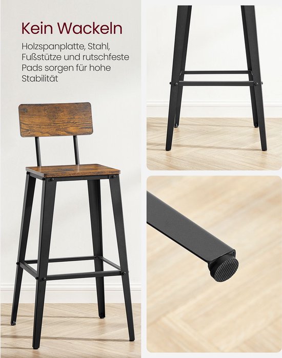 Set van 2 Barkrukken met Rugleuning, Industriële Stijl, Vintage Bruin-Zwart – foto 5