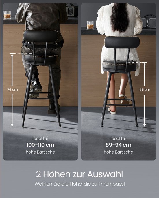 Set van 2 Moderne Barstoelen met Draaibare Zitting en Zwarte Bekleding – foto 3