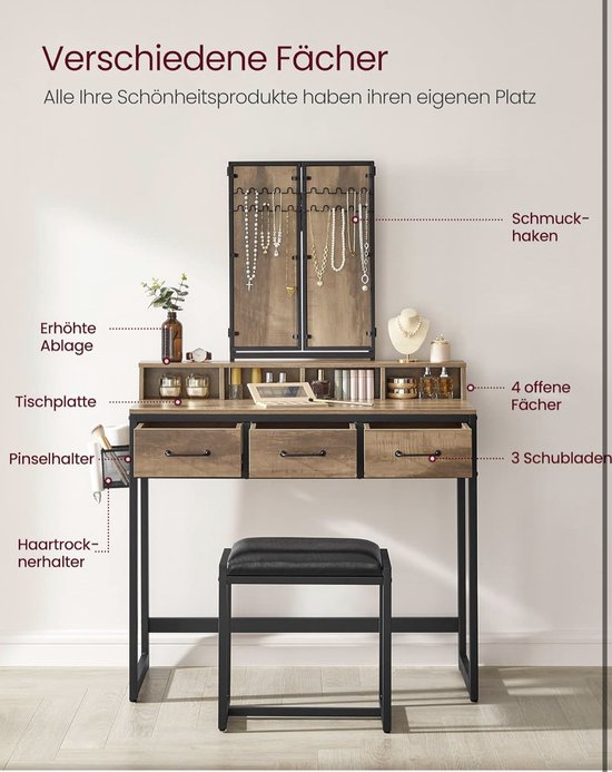 Industriële Kaptafel met Drievoudige Spiegel, Kruk en Ruime Opbergmogelijkheden – foto 4
