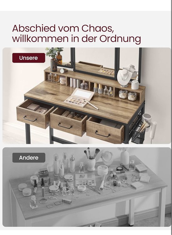 Industriële Kaptafel met Drievoudige Spiegel, Kruk en Ruime Opbergmogelijkheden – foto 5