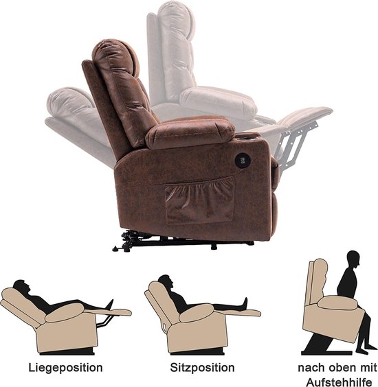 Luxe Relaxstoel met Sta-op Functie, USB en Verstelbare Rugleuning - Bruin Kunstleer – foto 5