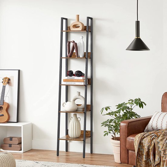 Stijlvolle Ladder Boekenkast met 5 Niveaus - Vintage Bruin-Zwart Design – foto 3
