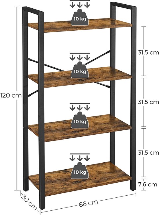 Veelzijdige Boekenkast met 4 Niveaus en Stalen Frame - Bruin-Zwart – foto 6