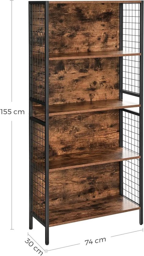 Boekenrek met Haken - Industriële Stijl - Bruin Houtlook en Metaal – foto 4