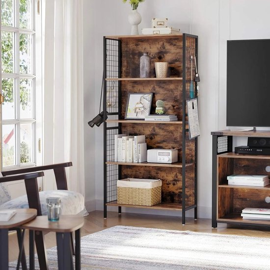 Boekenrek met Haken - Industriële Stijl - Bruin Houtlook en Metaal – foto 6