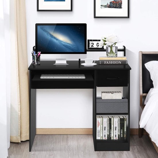 Compact Zwart Bureau met Lades en Uitschuifbaar Toetsenbordblad – foto 2
