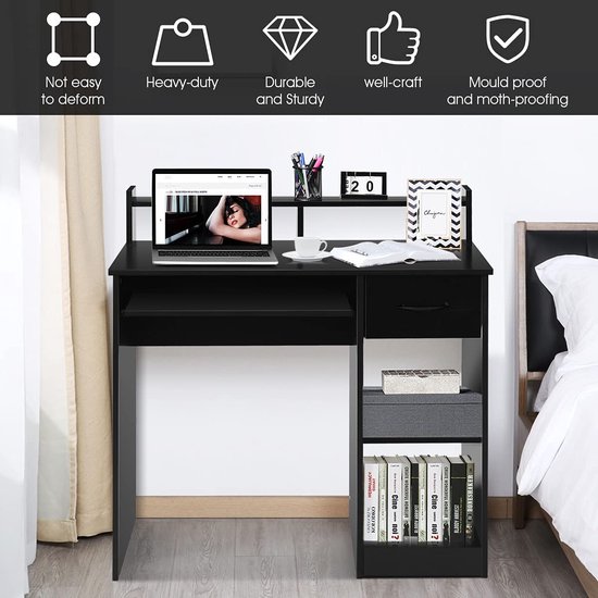 Compact Zwart Bureau met Lades en Uitschuifbaar Toetsenbordblad – foto 6