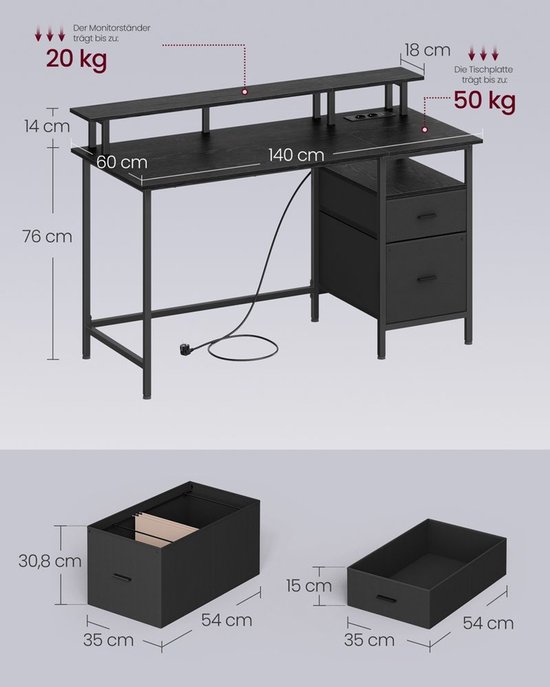 Ergonomisch Bureau met LED-Verlichting en Opbergruimte - Ebbenhout Zwart – foto 2