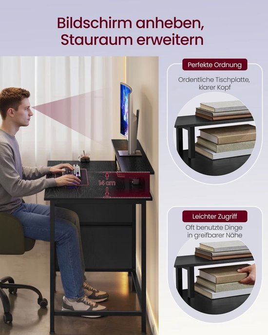Ergonomisch Bureau met LED-Verlichting en Opbergruimte - Ebbenhout Zwart – foto 4
