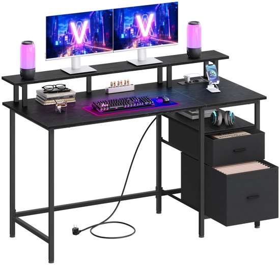 Ergonomisch Bureau met LED-Verlichting en Opbergruimte - Ebbenhout Zwart – foto 5