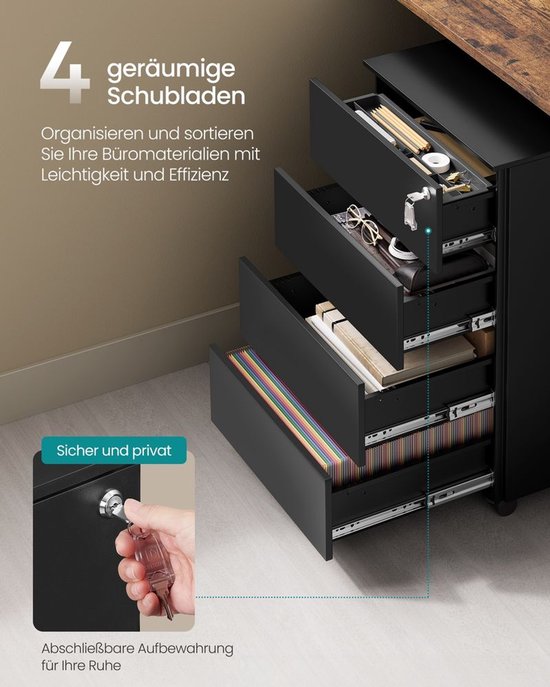 Mobiele Opbergkast met Slot - Zwart Metalen Ladeblok op Wieltjes – foto 6