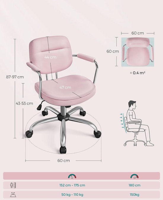 Luxe Bureaustoel met Armleuningen – Pastelroze PU – foto 6