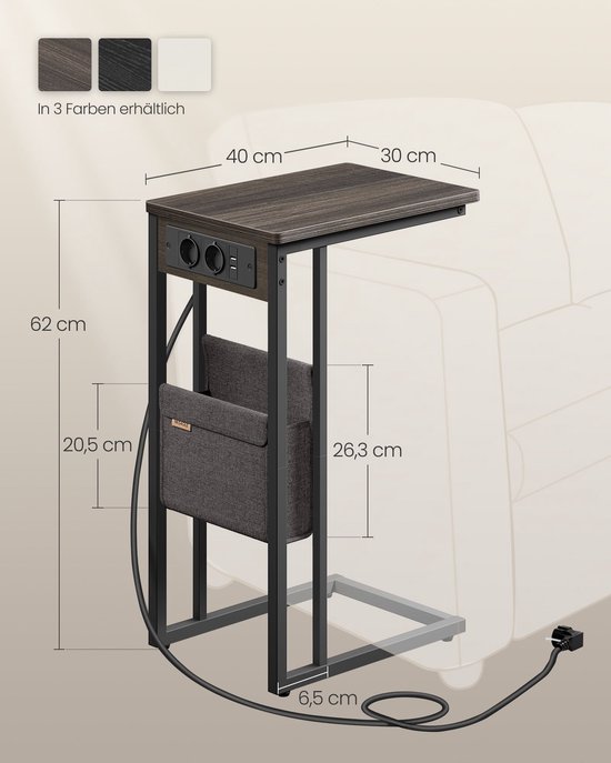 Multifunctionele C-vormige Bijzettafel met Oplaadpunten - Bruin – foto 4