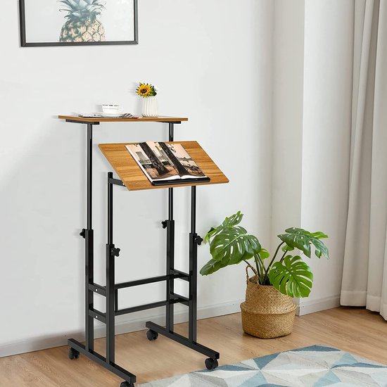 Ergonomisch Verstelbaar Zit-Sta Bureau met Wielen - Walnoot – foto 2