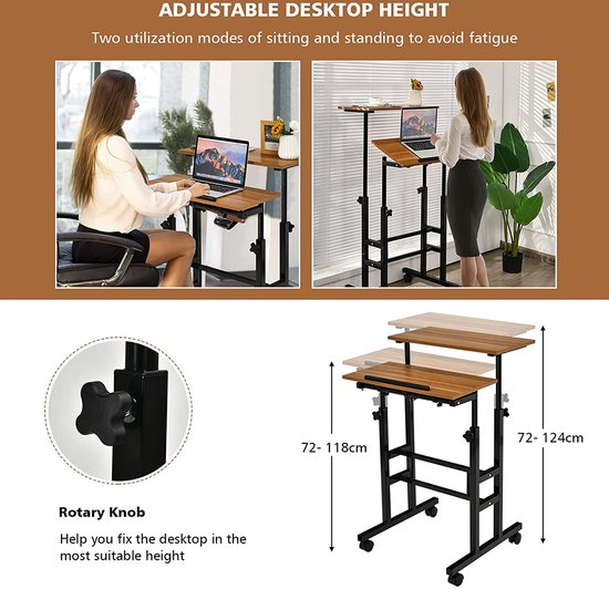 Ergonomisch Verstelbaar Zit-Sta Bureau met Wielen - Walnoot – foto 5