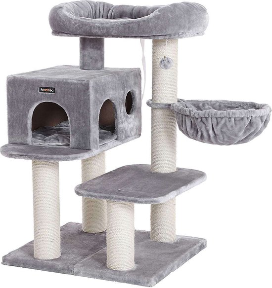 Verstelbare Krabpaal met Kattenhuis en Ligplaats - Grijs – foto 1