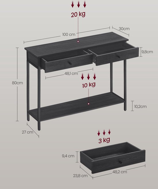 Stijlvolle consoletafel met 2 laden – Antracietgrijs & Inktzwart – foto 4
