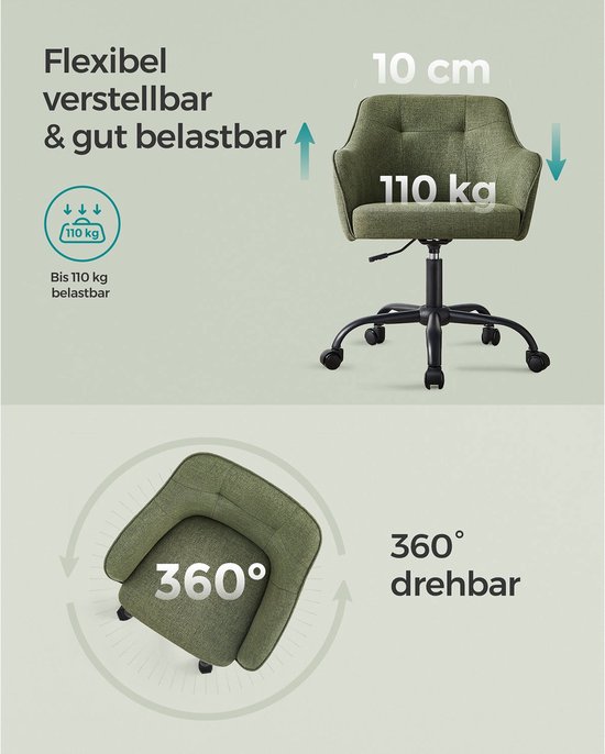 Groene Draaifauteuil - Comfortabel & Verrijdbaar met Stalen Frame en Katoen-Linnen Bekleding – foto 5