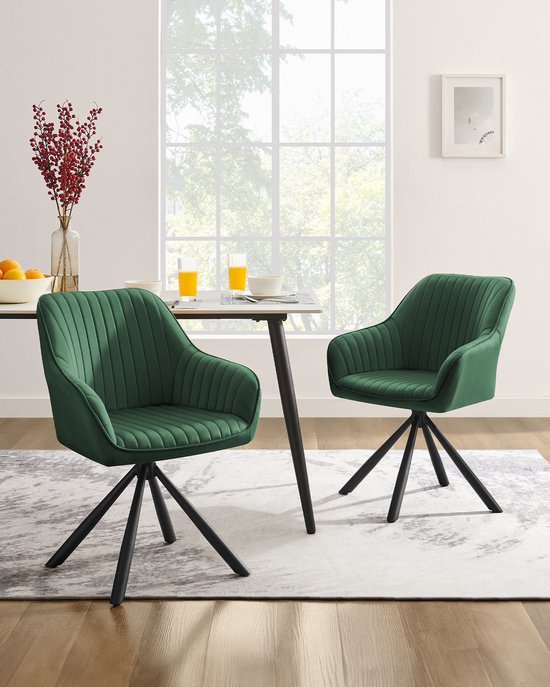 Luxe Eetkamerstoel met Armleuningen – Fluweel Groen-Inktzwart – foto 1