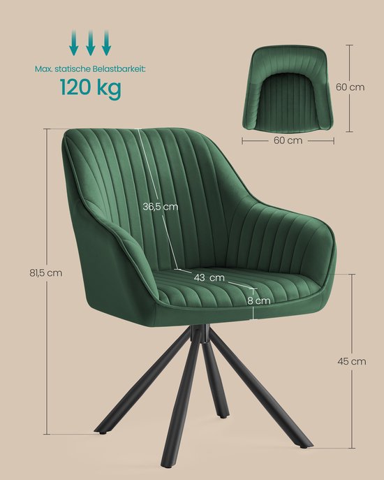 Luxe Eetkamerstoel met Armleuningen – Fluweel Groen-Inktzwart – foto 5