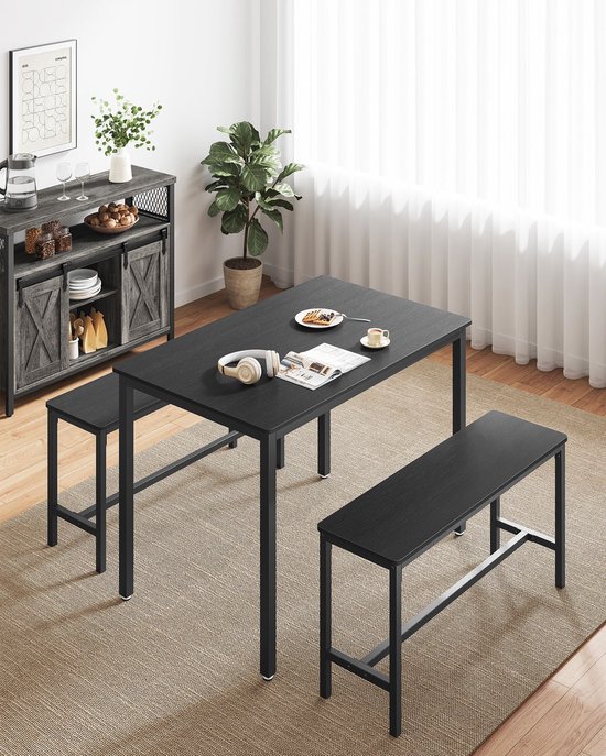 Complete Eettafelset met Twee Comfortabele Banken - Zwart Essenhout look – foto 4
