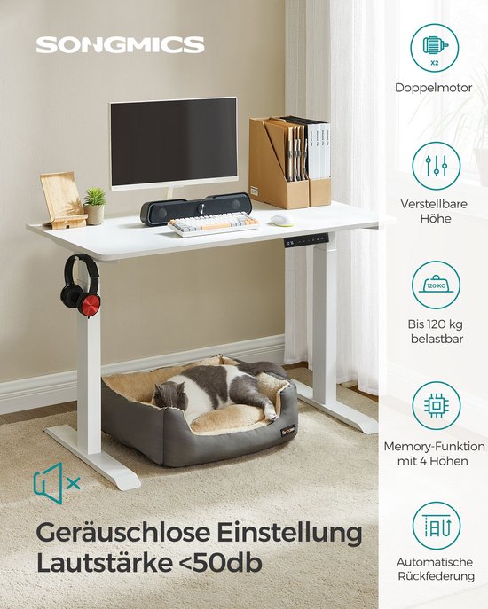 Elektrisch Zit-Sta Bureau met Wielen – In Hoogte Verstelbaar – Wit – foto 1