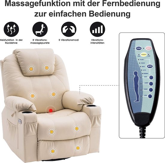 Luxe Elektrische Relaxfauteuil met Massage en Warmtefunctie - Crème – foto 3