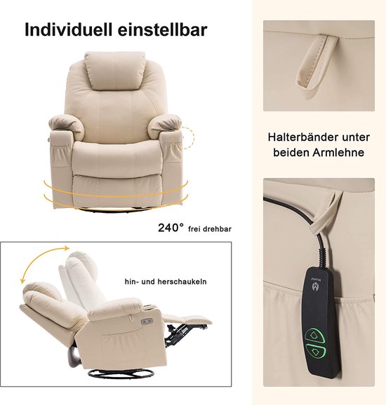 Luxe Elektrische Relaxfauteuil met Massage en Warmtefunctie - Crème – foto 6