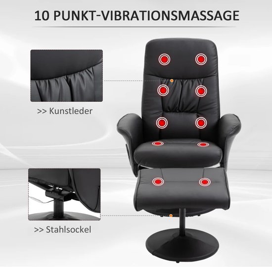 Luxe Relaxfauteuil met Massagefunctie en Voetenbank - 360° Draaibaar - Zwart Kunstleer – foto 2