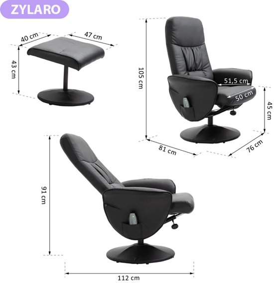 Luxe Relaxfauteuil met Massagefunctie en Voetenbank - 360° Draaibaar - Zwart Kunstleer – foto 4