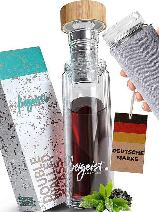 Dubbelwandige Theefles met Zeef, 500 ml en Bamboe Deksel – foto 2