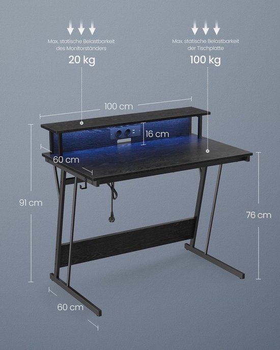 Geavanceerd Gamingbureau met LED Verlichting en Ergonomische Monitorverhoger – foto 3