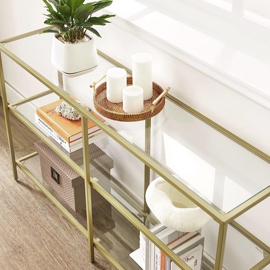 Luxe Consoletafel met Goudkleurig Metalen Frame en 3 Niveaus van Gehard Glas – foto 3